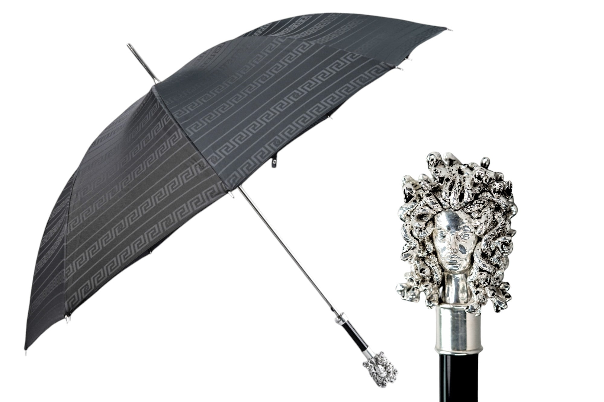 Statement Black Greek Medusa Umbrella with Silverplated 925 Handle