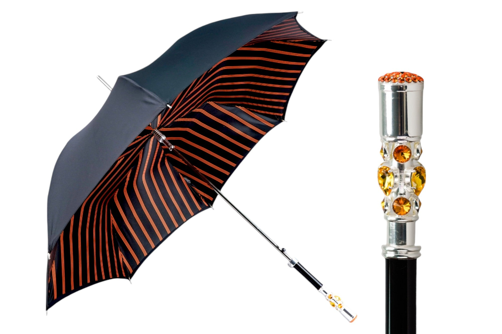 Striped Umbrella with Silver Plated Handle and Topaz Crystal Detailing