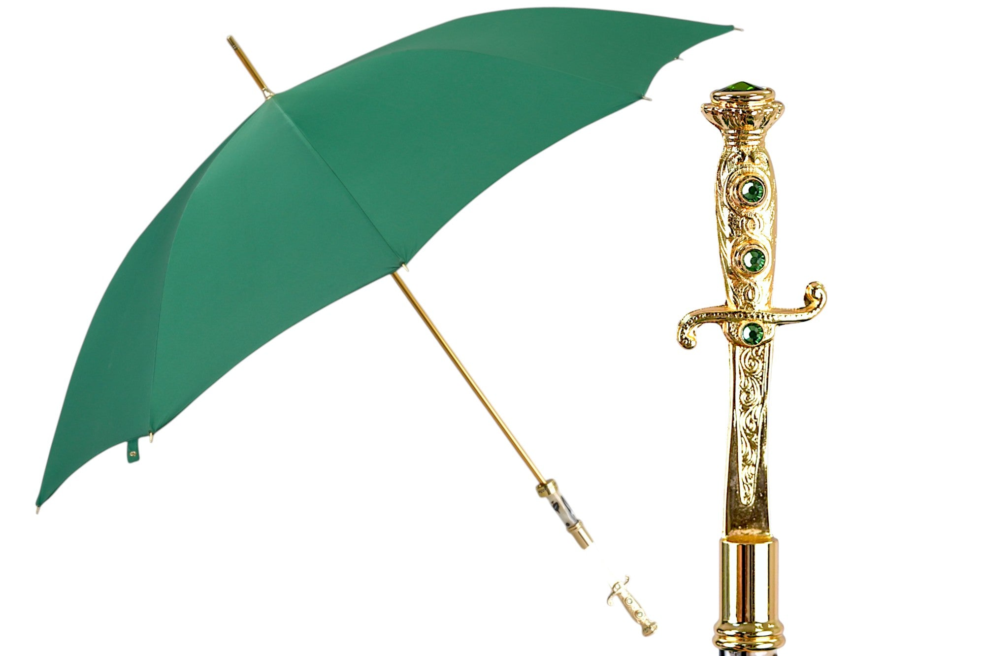 Majestic Green Men's Umbrella with Ornate 24K Gold Sword Handle
