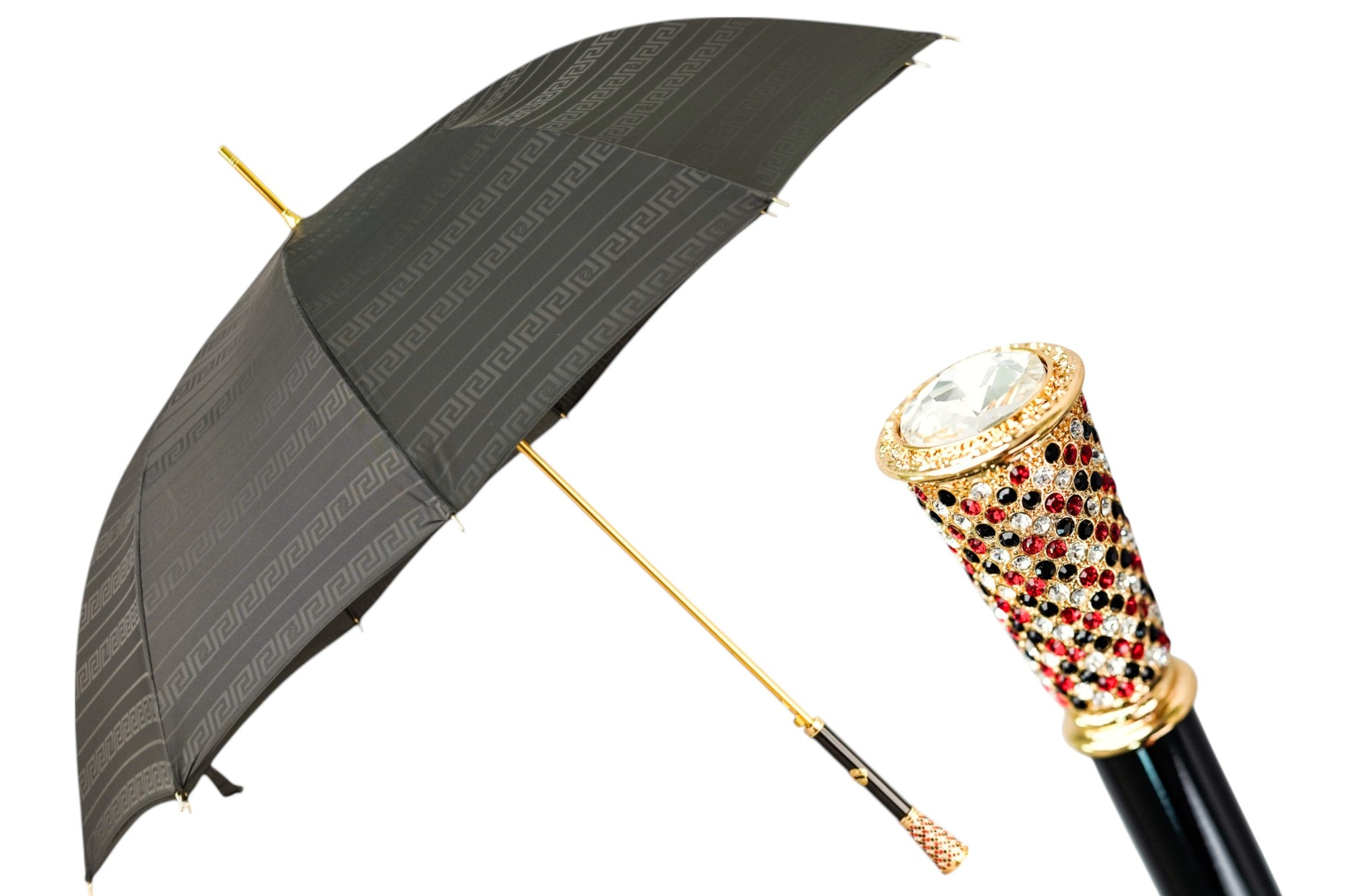 Elegant Black Greca Umbrella with Crystal-Set Gold Handle