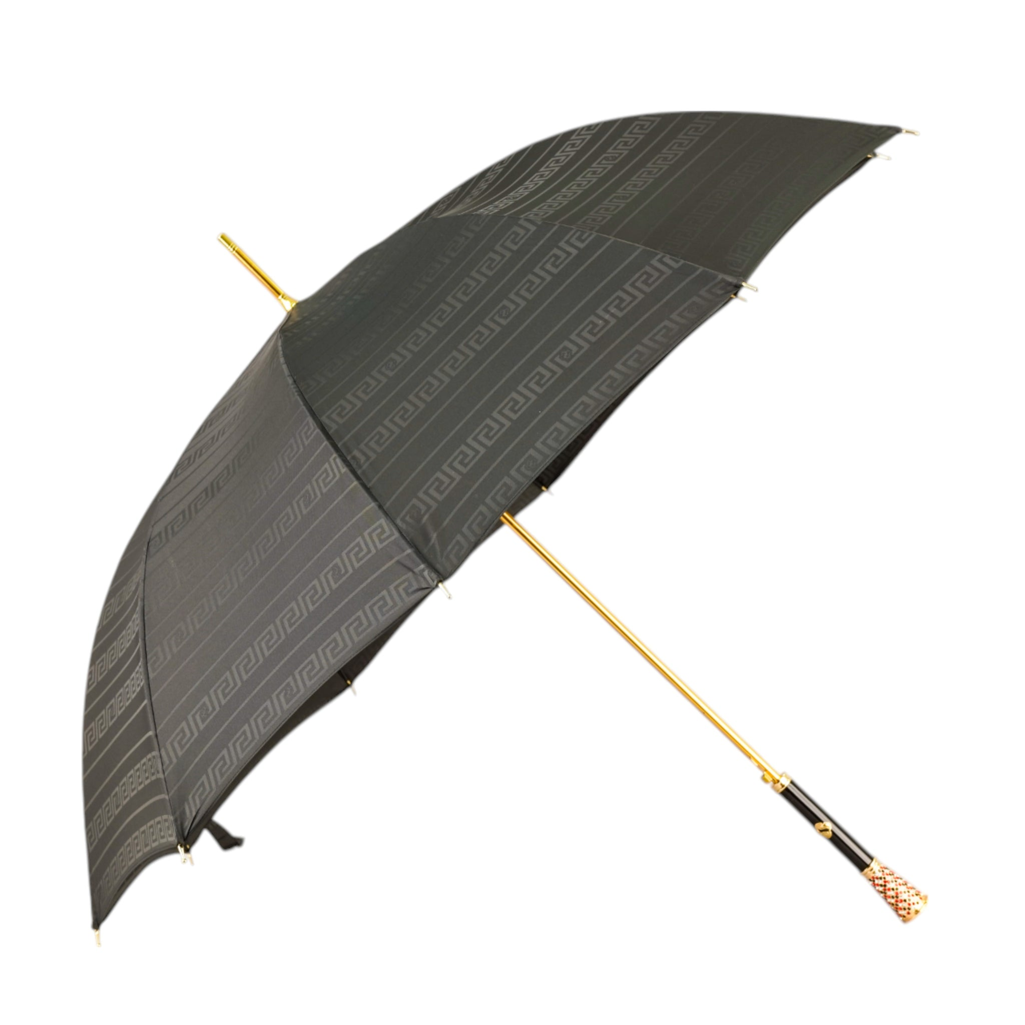 Elegant Black Greca Umbrella with Crystal-Set Gold Handle