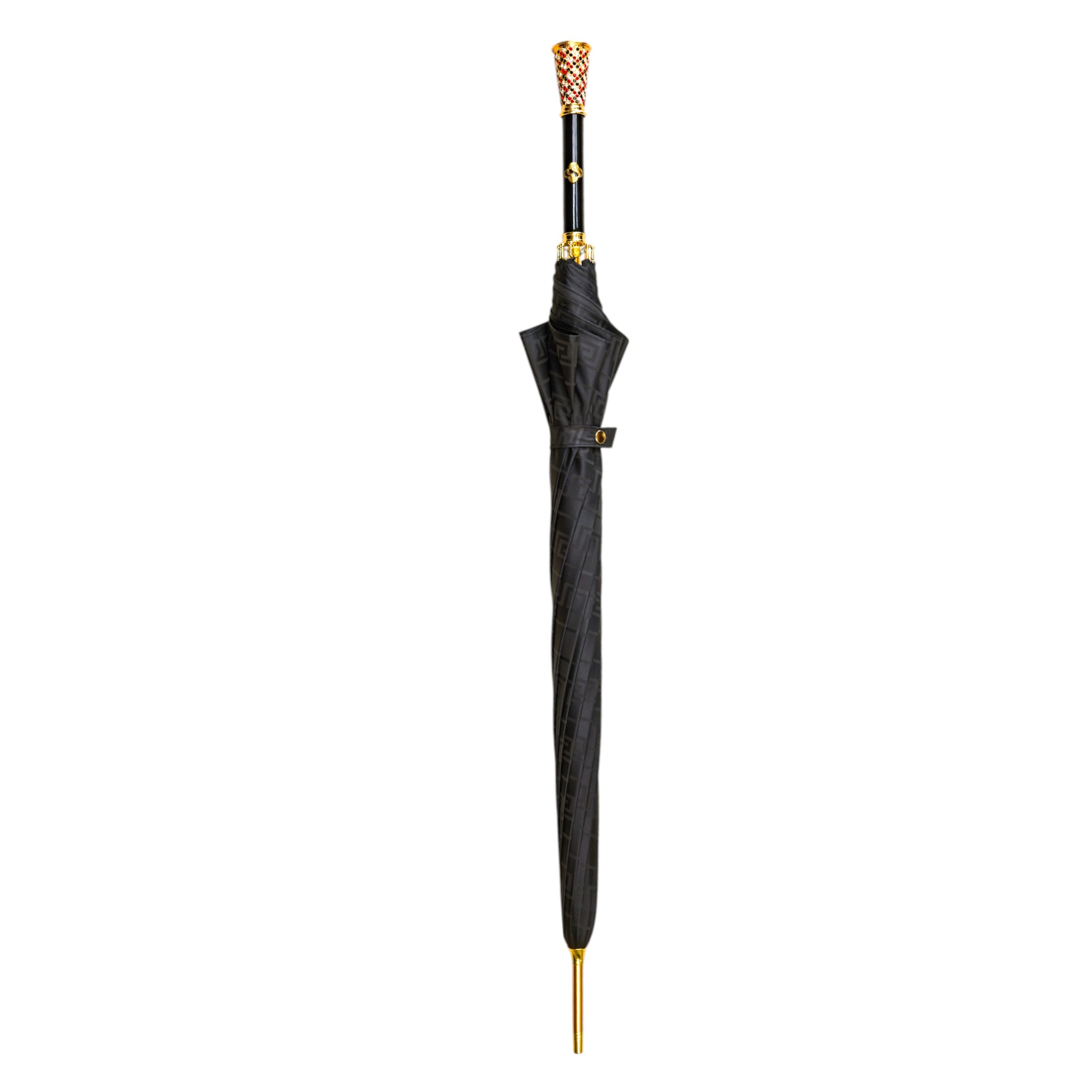 Elegant Black Greca Umbrella with Crystal-Set Gold Handle