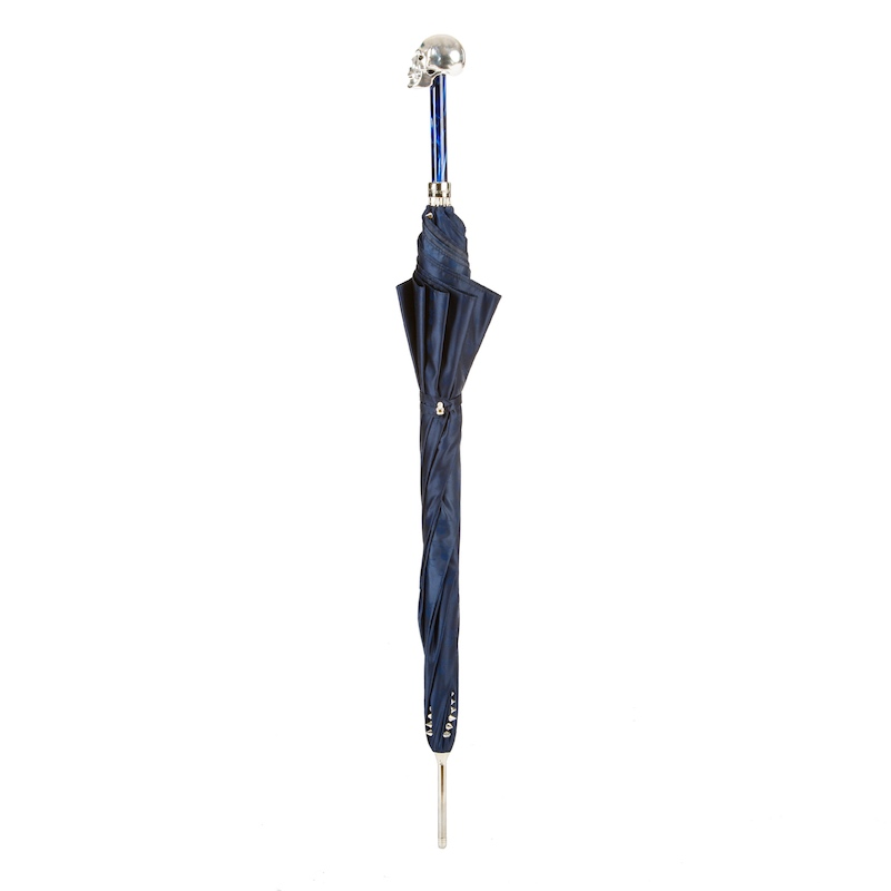 Handmade Navy Umbrella with Studded Canopy and Silver Skull Handle
