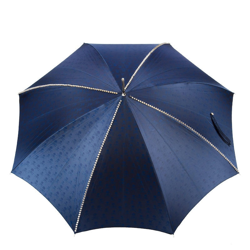 Handmade Navy Umbrella with Studded Canopy and Silver Skull Handle