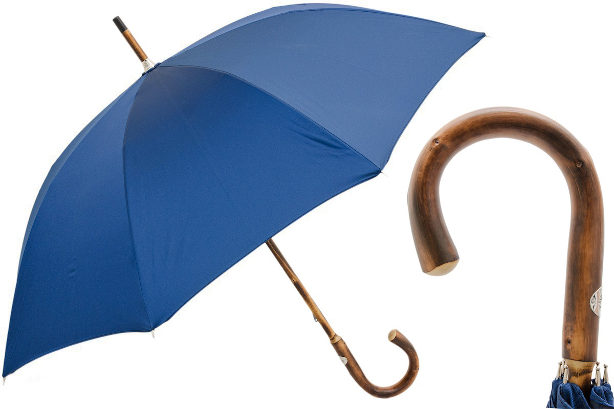 Chestnut Wooden Handle Solid Stick Blue Umbrella – Handmade in Italy
