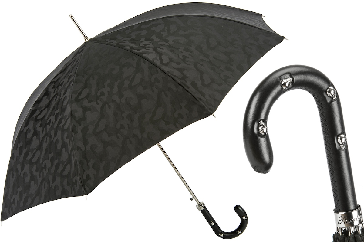 Black Camouflage Umbrella with Leather Handle and Skull Accents