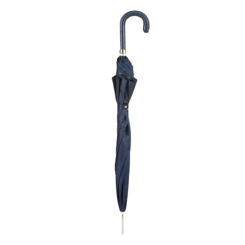 Gents Manual Umbrella with Navy Leather Handle, Handmade in Italy