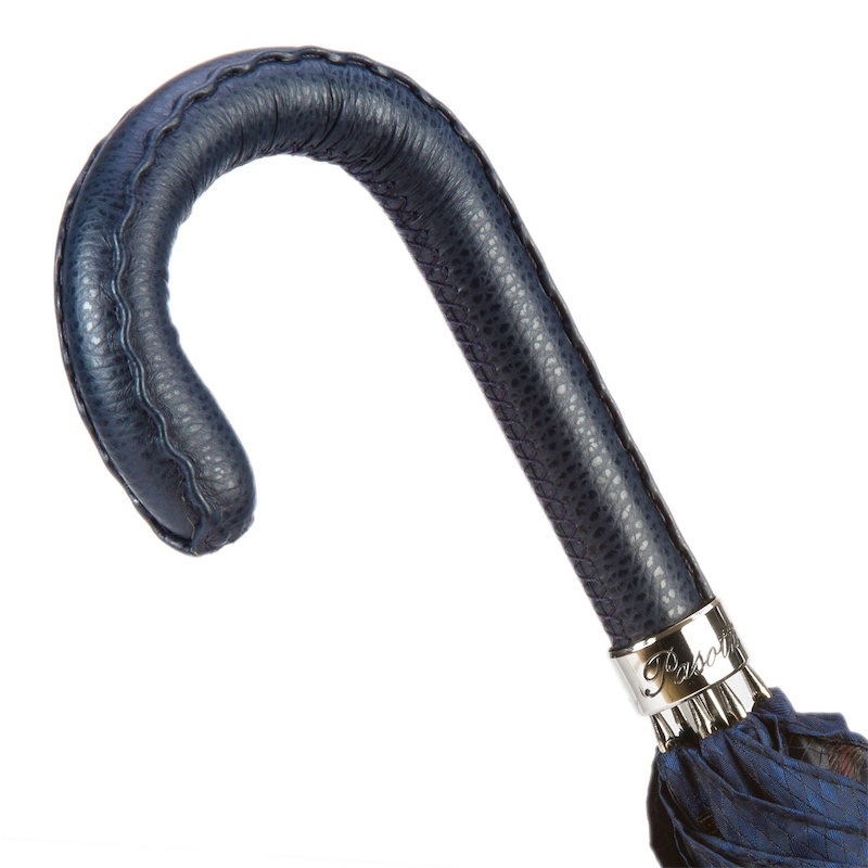 Gents Manual Umbrella with Navy Leather Handle, Handmade in Italy