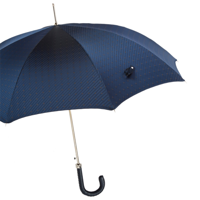 Gents Manual Umbrella with Navy Leather Handle, Handmade in Italy