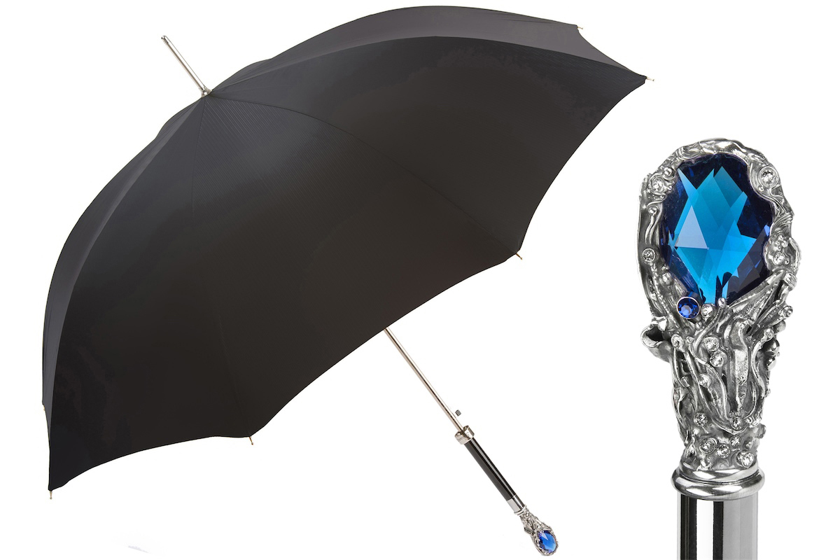 Black Umbrella with Luxury Blue Gem Handle – Handmade in Italy
