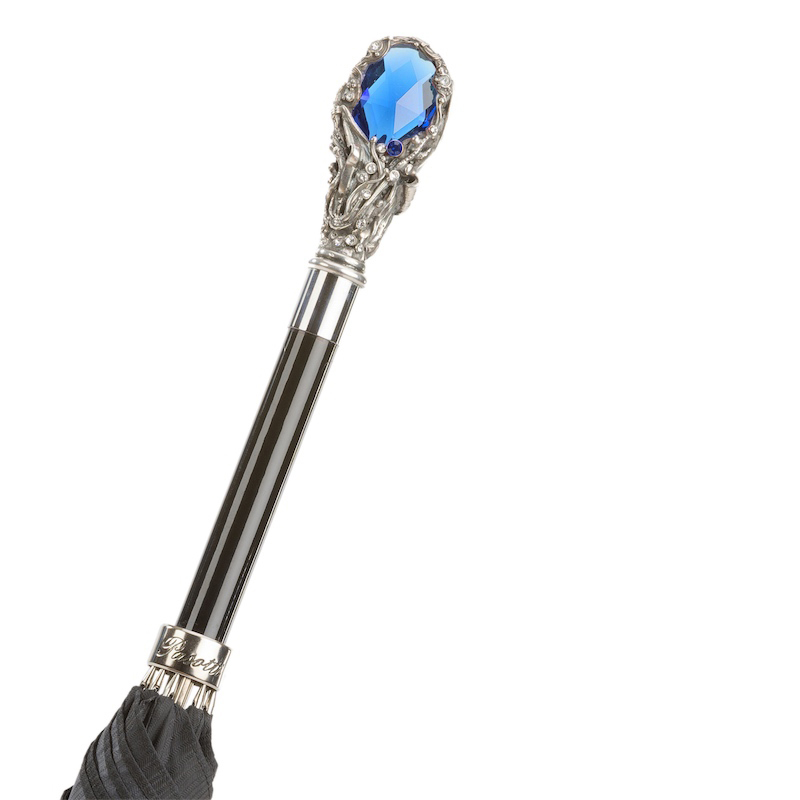 Black Umbrella with Luxury Blue Gem Handle – Handmade in Italy