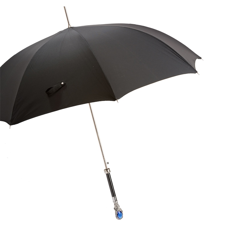Black Umbrella with Luxury Blue Gem Handle – Handmade in Italy