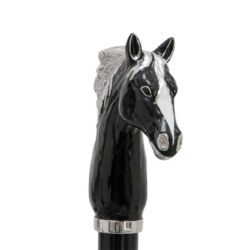 black and silver horse head cane handle with detailed mane and facial features