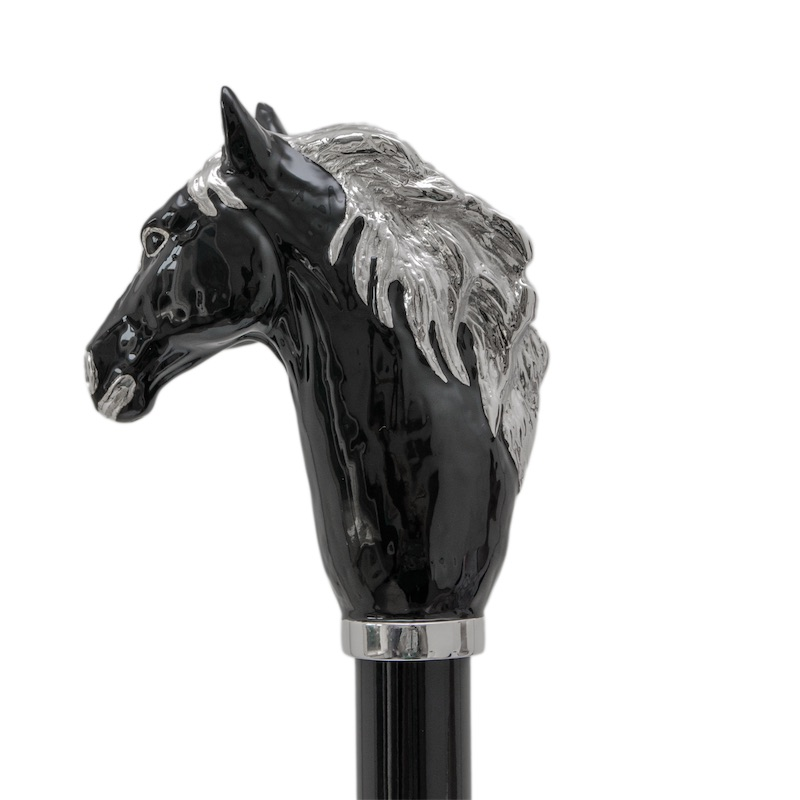 Black cane with a detailed horse head handle featuring a silver mane and accents