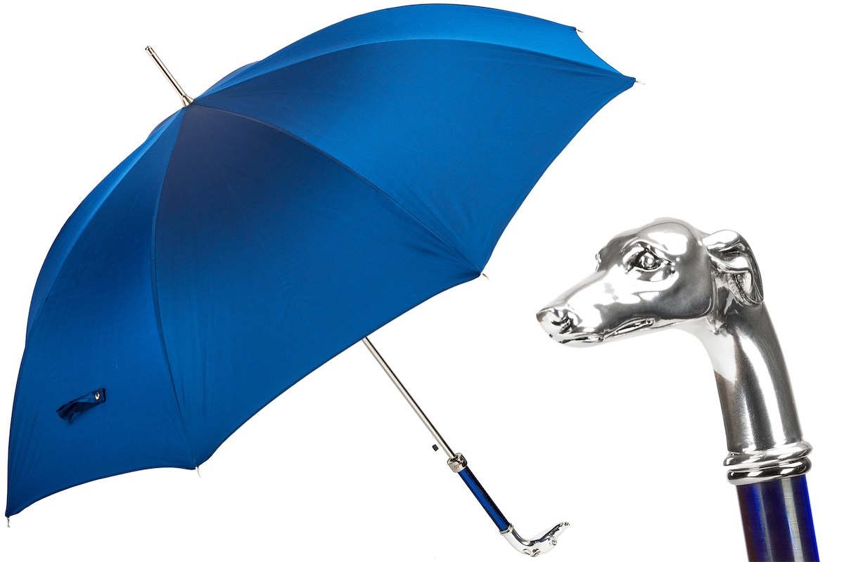 Blue Umbrella with Silver Greyhound Handle – Handmade Italian Luxury