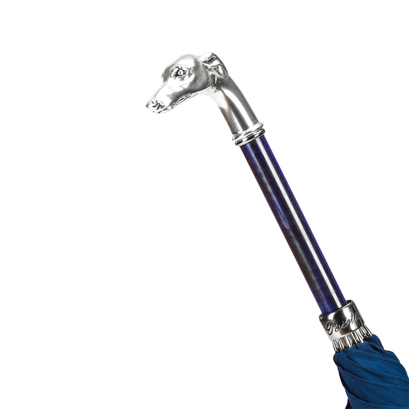 Blue Umbrella with Silver Greyhound Handle – Handmade Italian Luxury