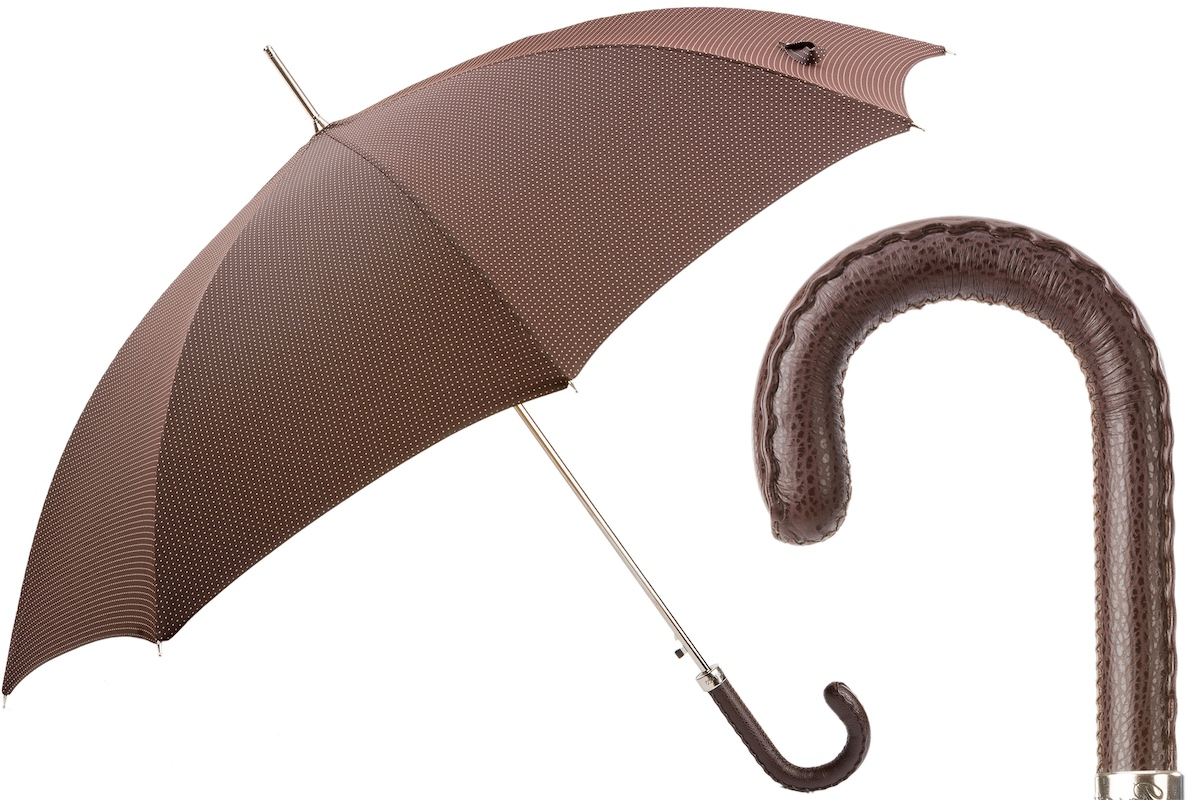 Gentleman Umbrella with Brown Leather Handle, Handmade in Italy