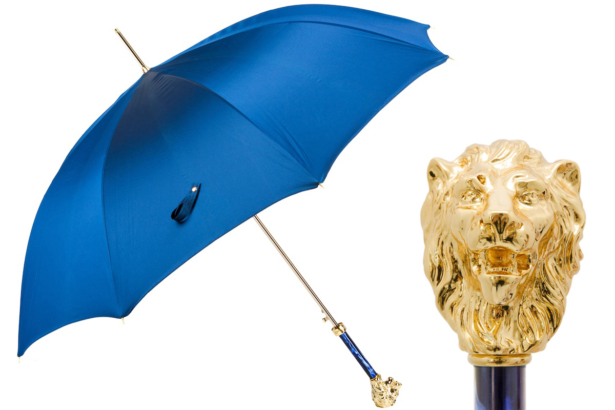 Blue Umbrella with Gold Lion Handle – Handmade in Italy