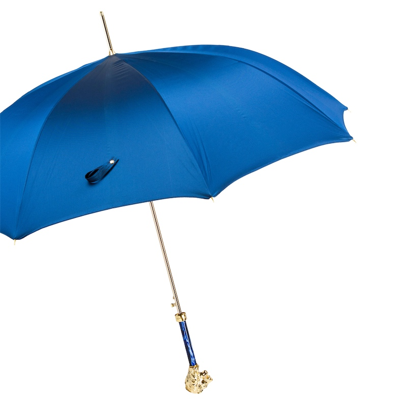 Blue Umbrella with Gold Lion Handle – Handmade in Italy