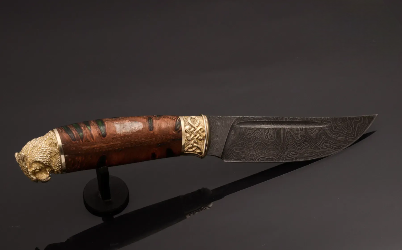 Luxury Damascus Steel Knife with Hybrid Handle and Leather Sheath - Elegant Knives