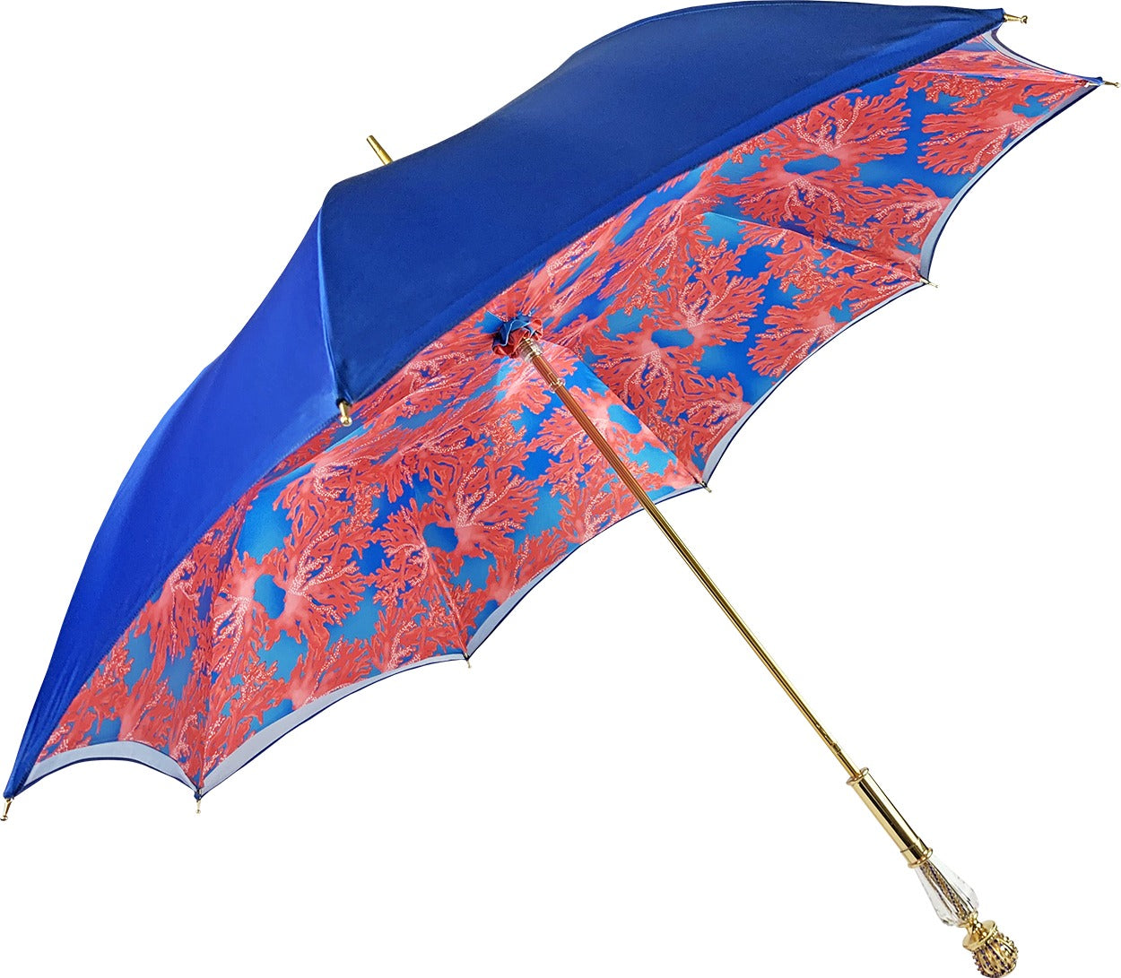 Luxury Blue Umbrella with Coral Interior and 24K Gold Crystal Handle