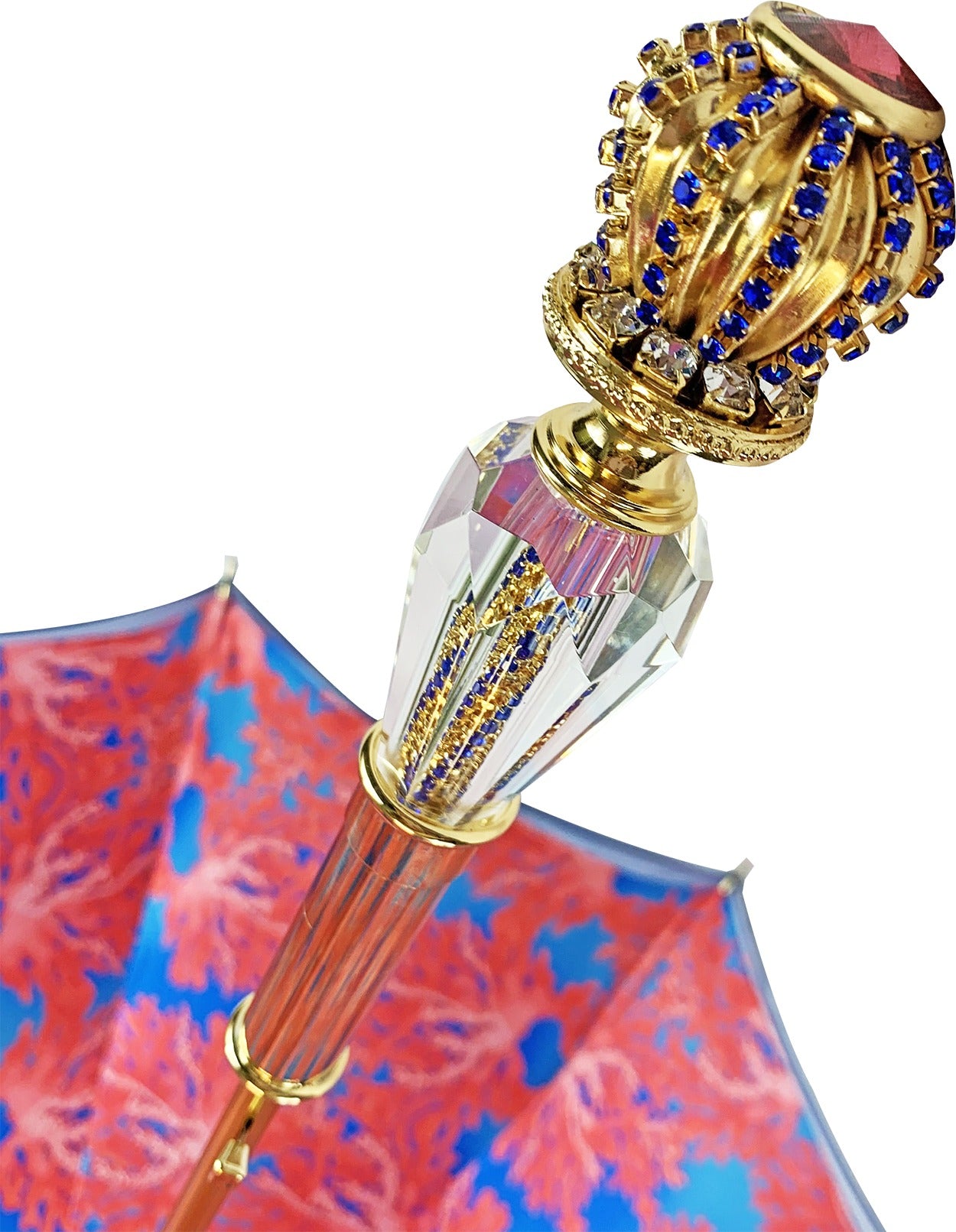 Luxury Blue Umbrella with Coral Interior and 24K Gold Crystal Handle