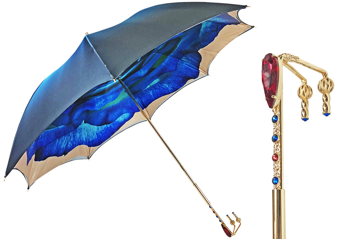 Luxury Umbrella with 24K Gold Handle and Red Crystal Rose Closure