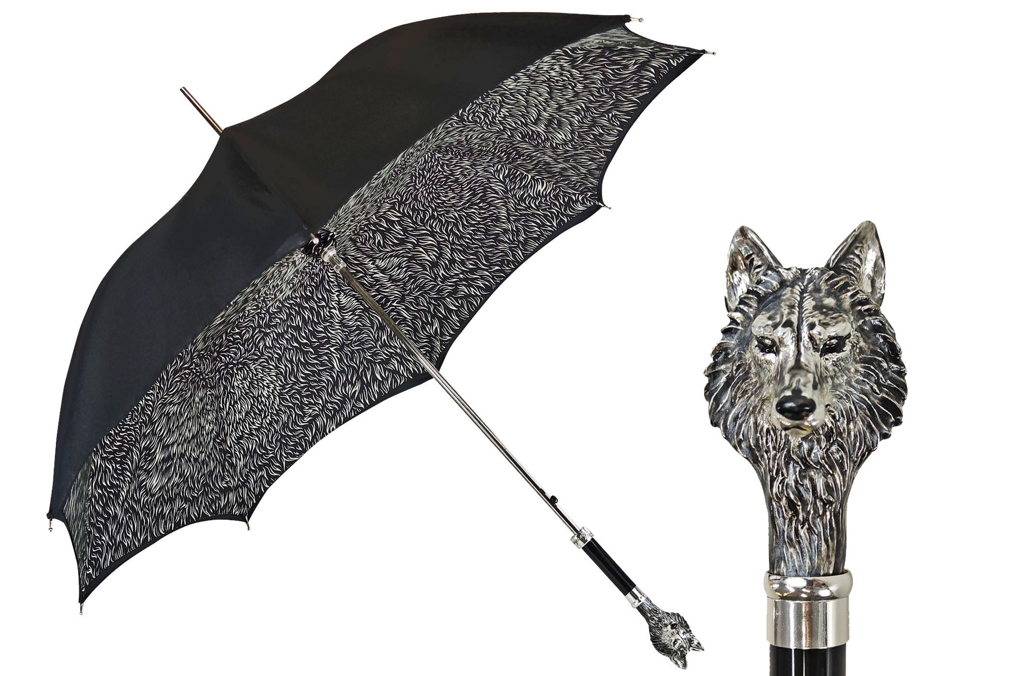 Premium Black Umbrella with Hand-Painted 925 Wolf Handle