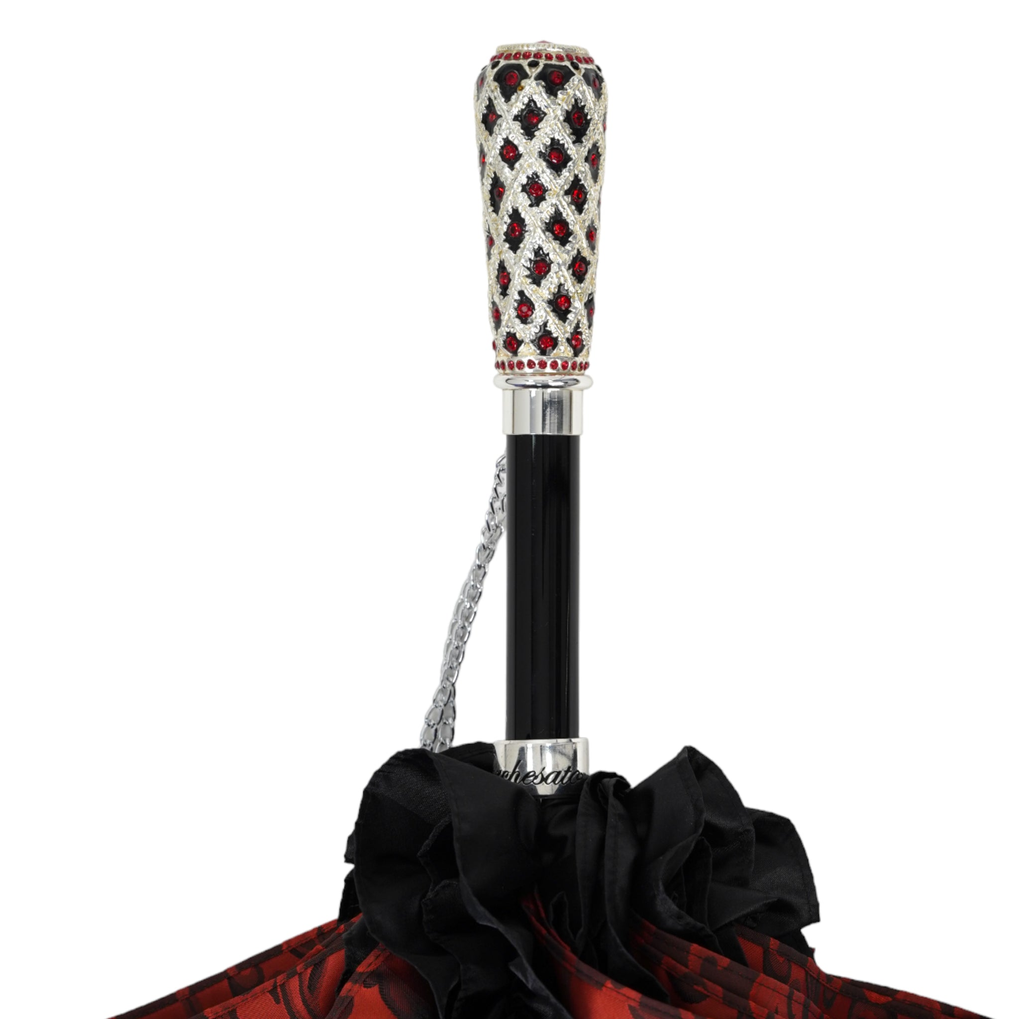 Designer Umbrella Featuring Black Ruffles and Silver-Plated Accents