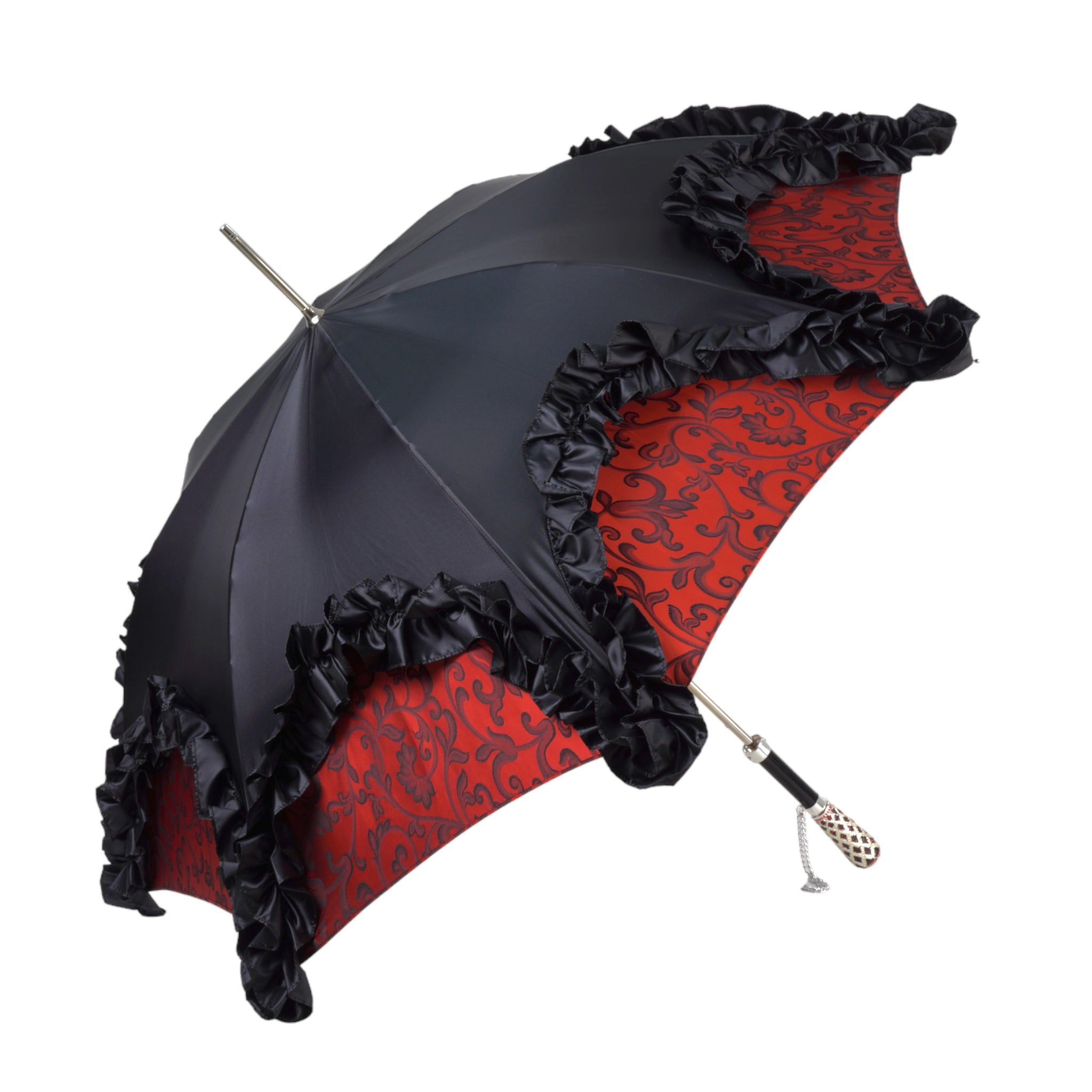 Designer Umbrella Featuring Black Ruffles and Silver-Plated Accents