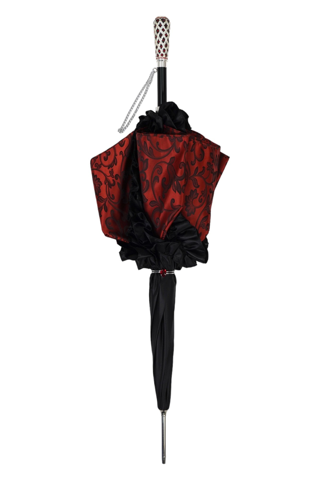 Designer Umbrella Featuring Black Ruffles and Silver-Plated Accents