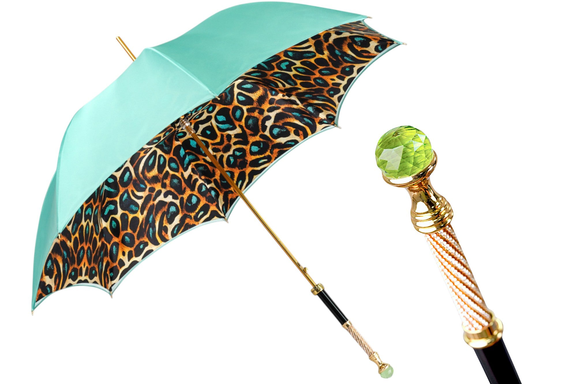 Luxury Leopard Print Umbrella with 24K Gold & Green Crystal Handle