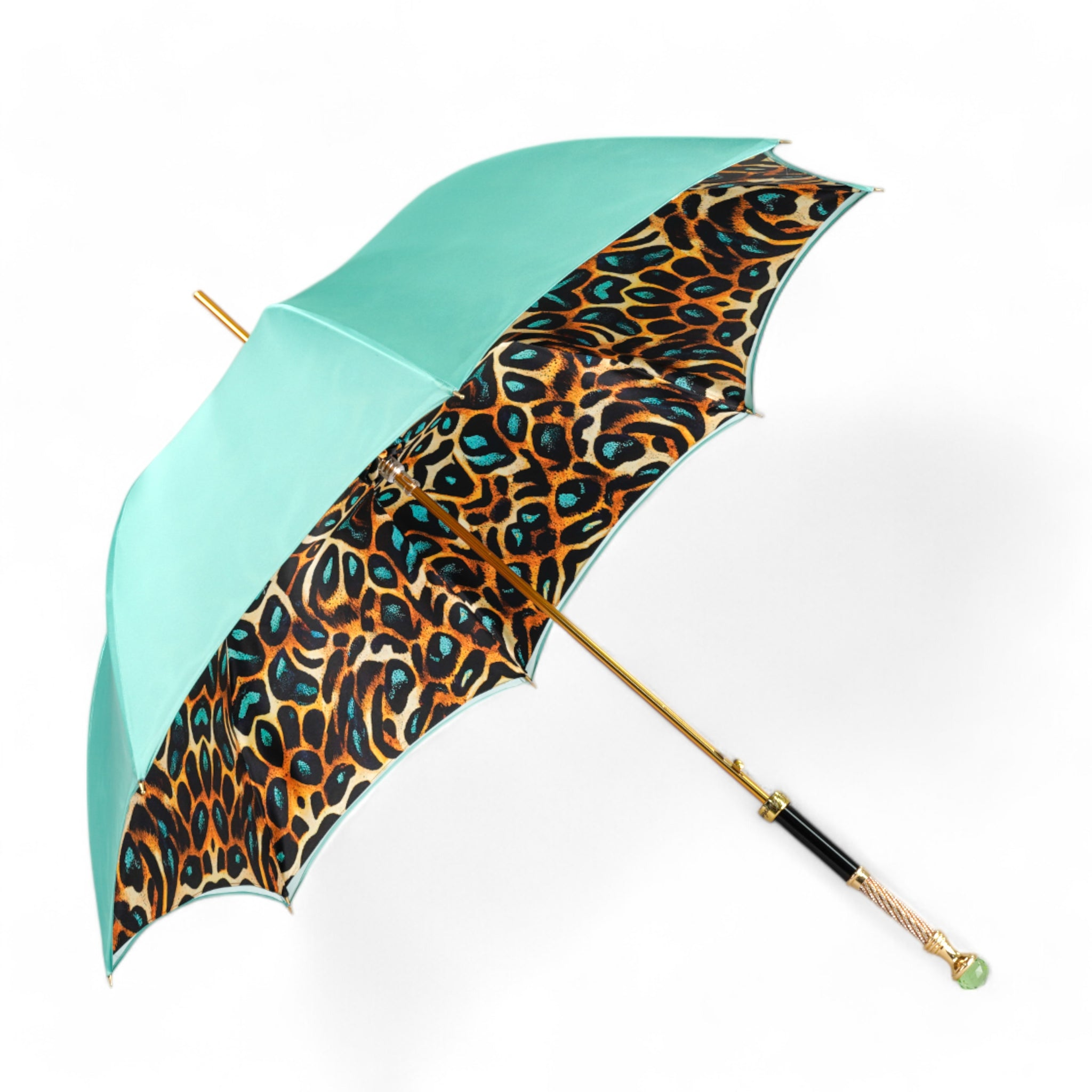 Luxury Leopard Print Umbrella with 24K Gold & Green Crystal Handle