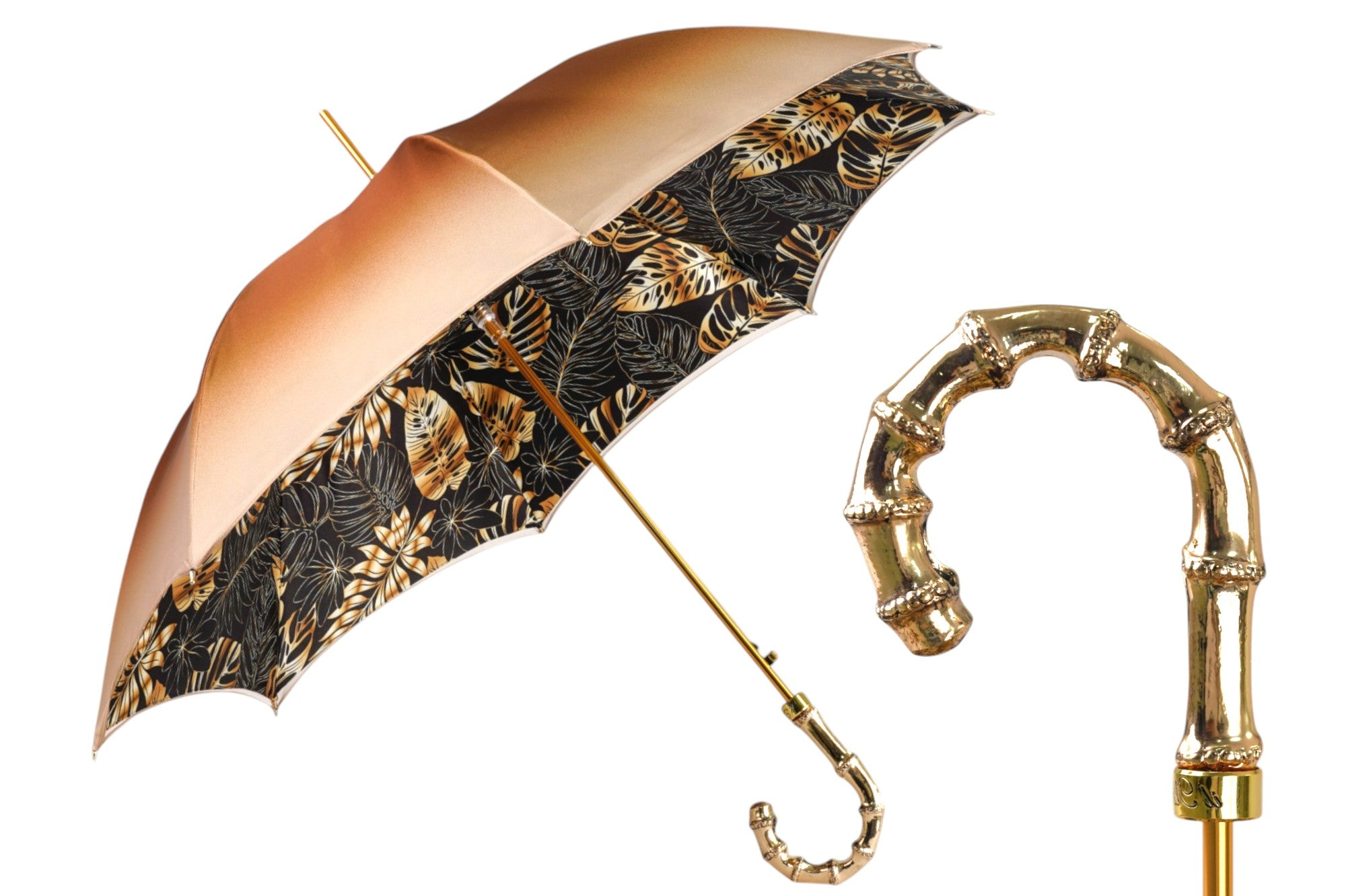 Designer Golden Bamboo Umbrella with Exquisite Botanical Lining