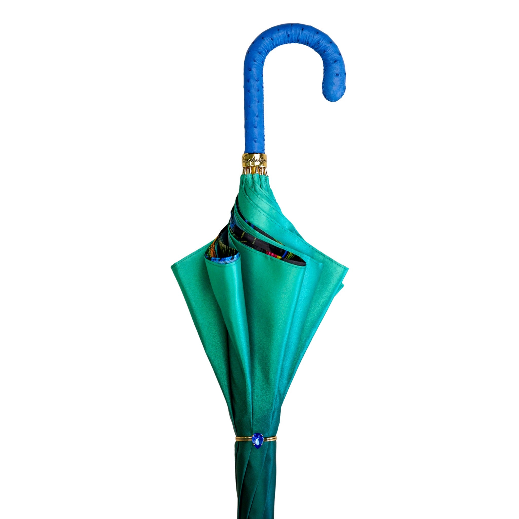Peacock-Inspired Umbrella with Blue Ostrich Leather Handle