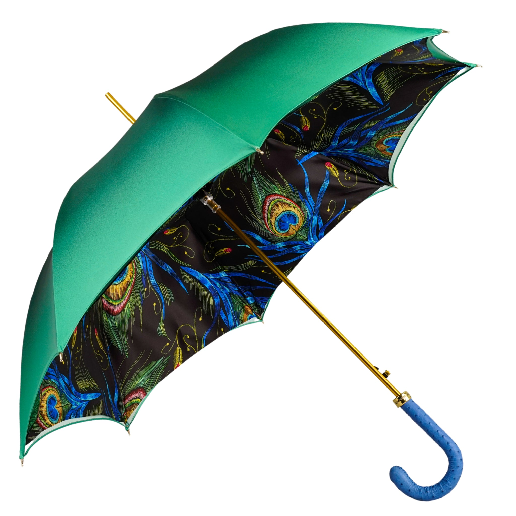 Peacock-Inspired Umbrella with Blue Ostrich Leather Handle