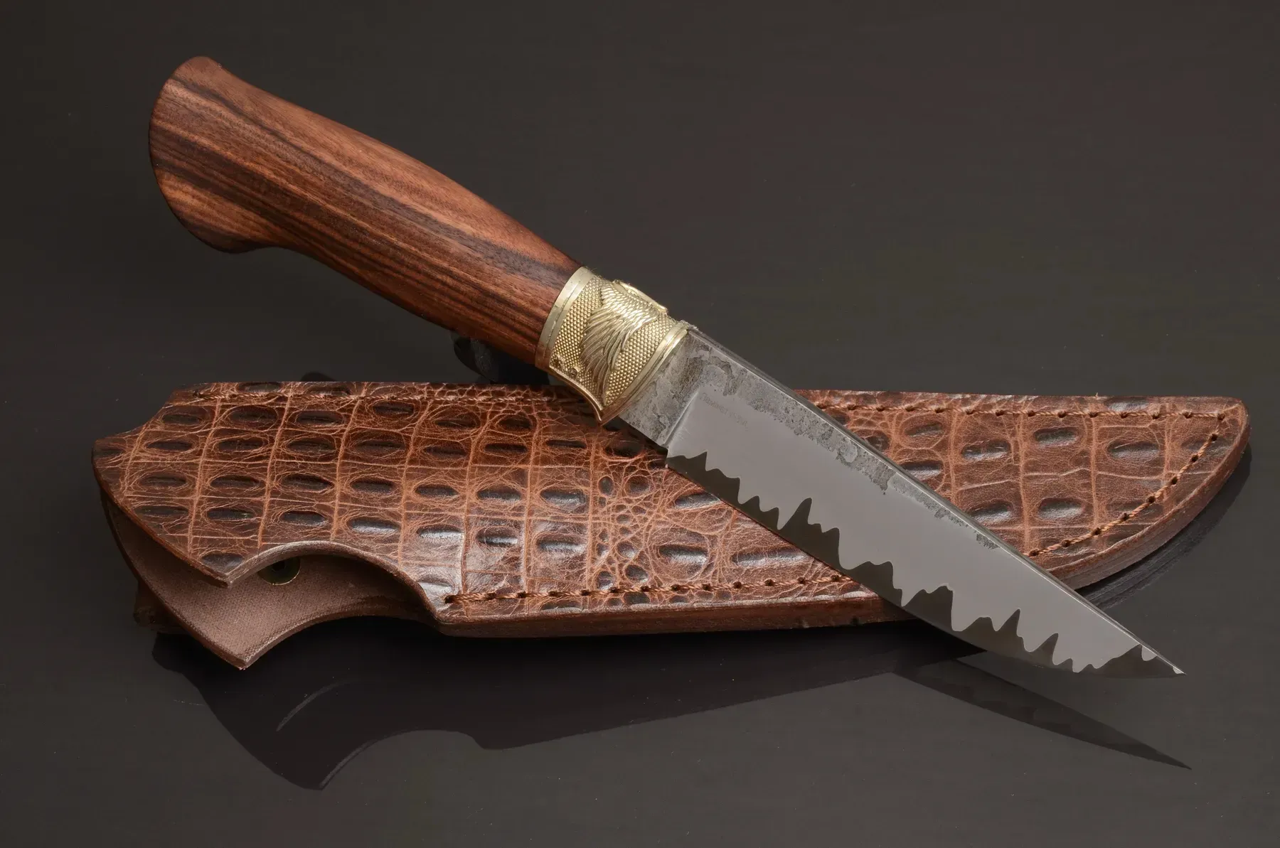 Blue Custom Knife S390 Core, Ironwood Handle, Leather Sheath
