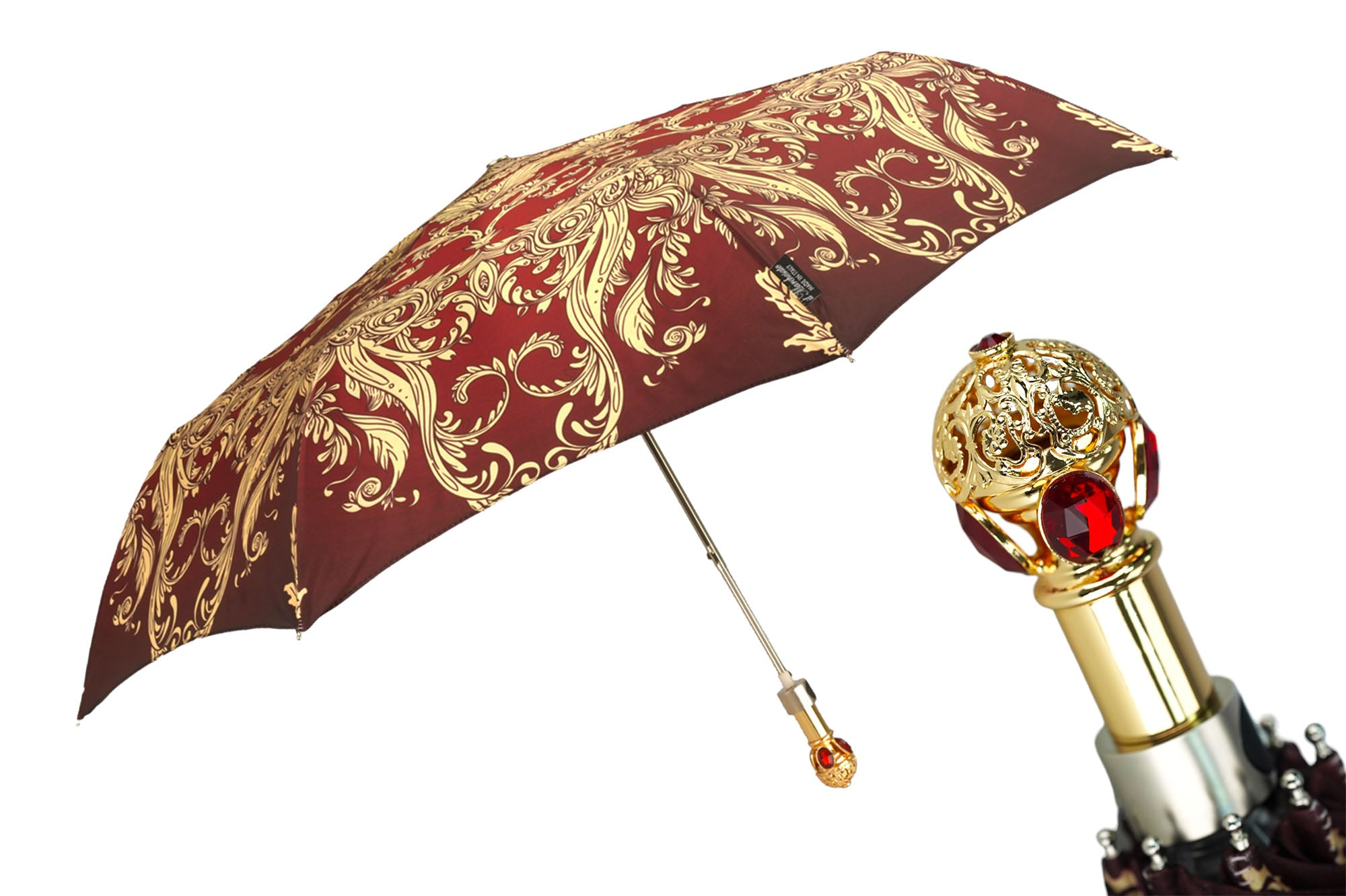 Burgundy Crown Ladies Folding Umbrella with Red Stone Handle