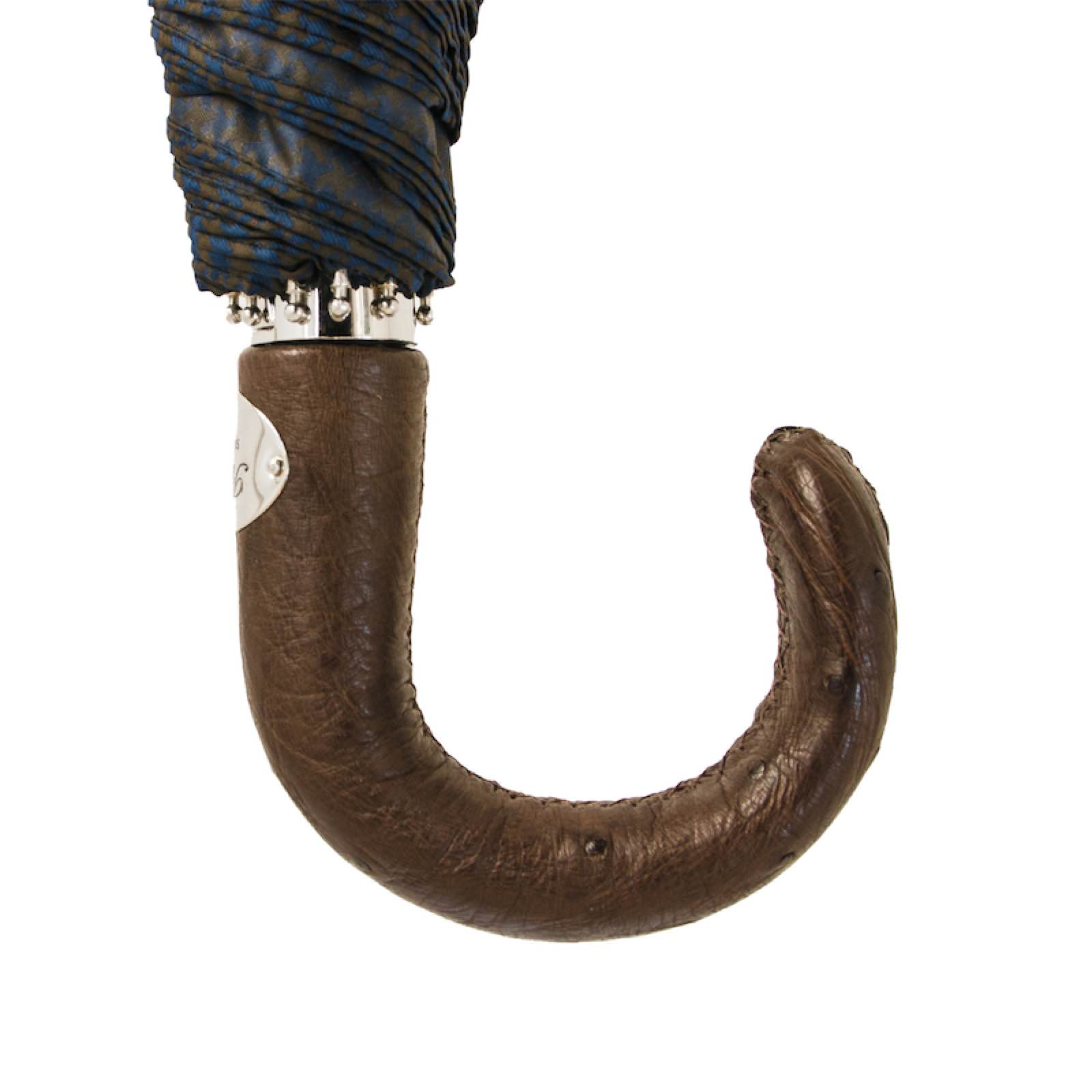 Brown and Navy Folding Automatic Opening Umbrella with Ostrich Leather