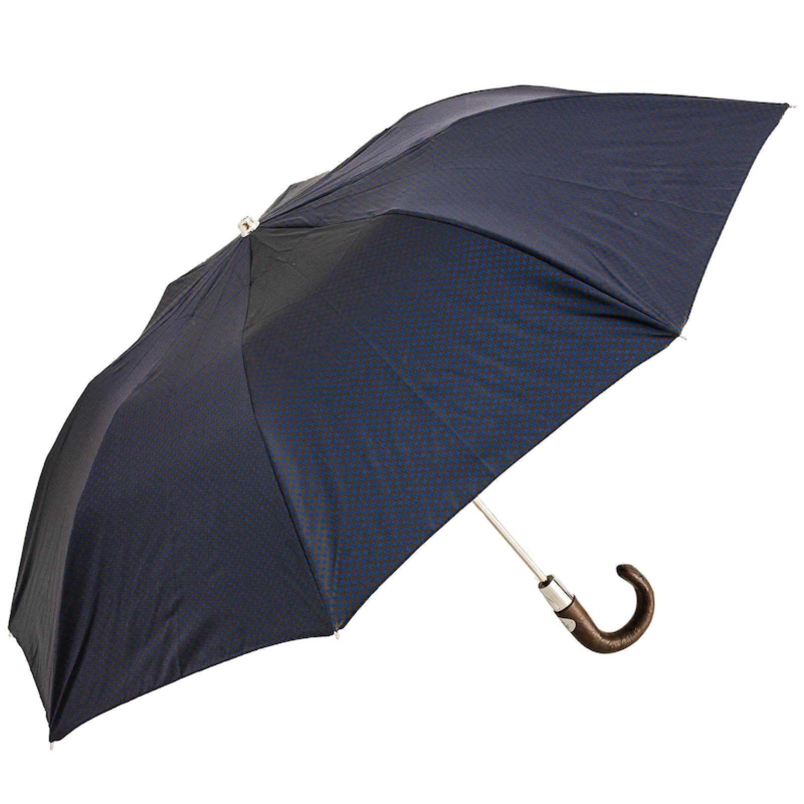 Brown and Navy Folding Automatic Opening Umbrella with Ostrich Leather