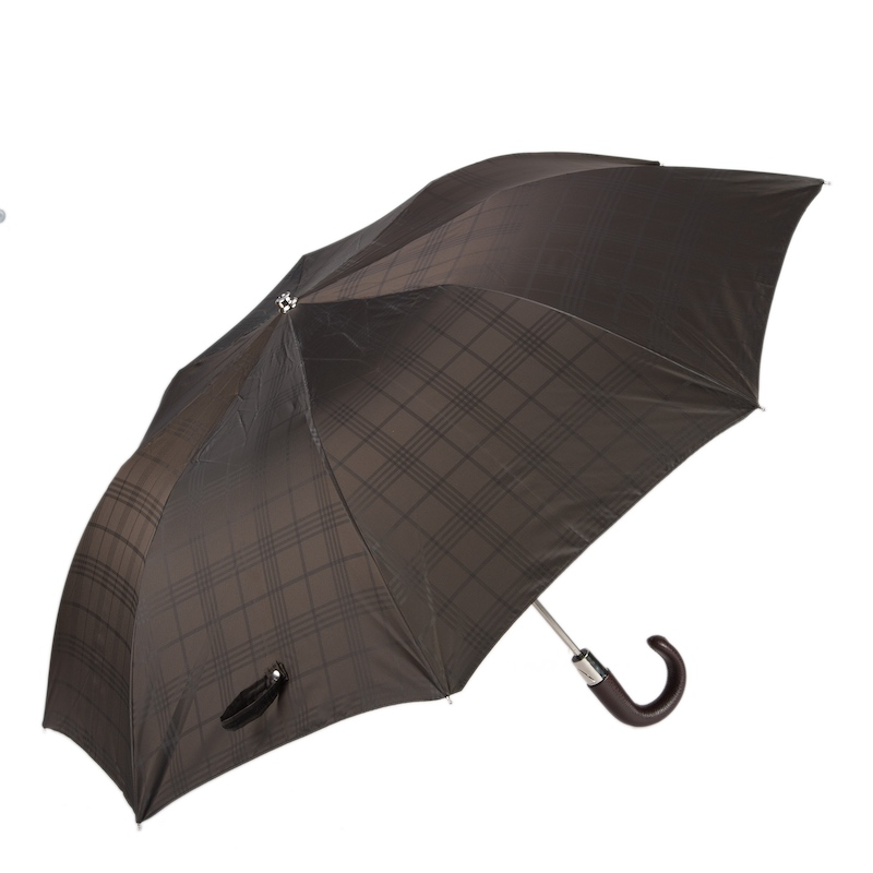 Brown Check Umbrella with Leather Handle – Automatic Opening