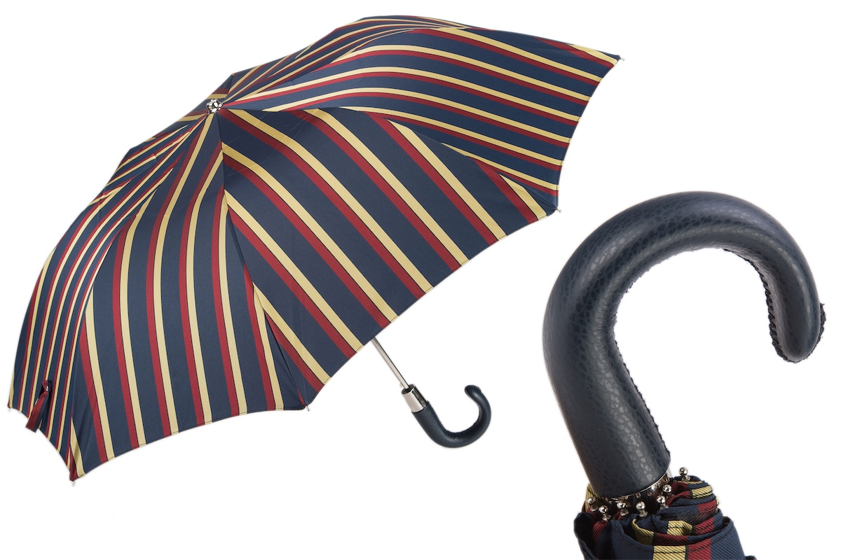 Striped Folding Umbrella with Leather Handle – Automatic Opening