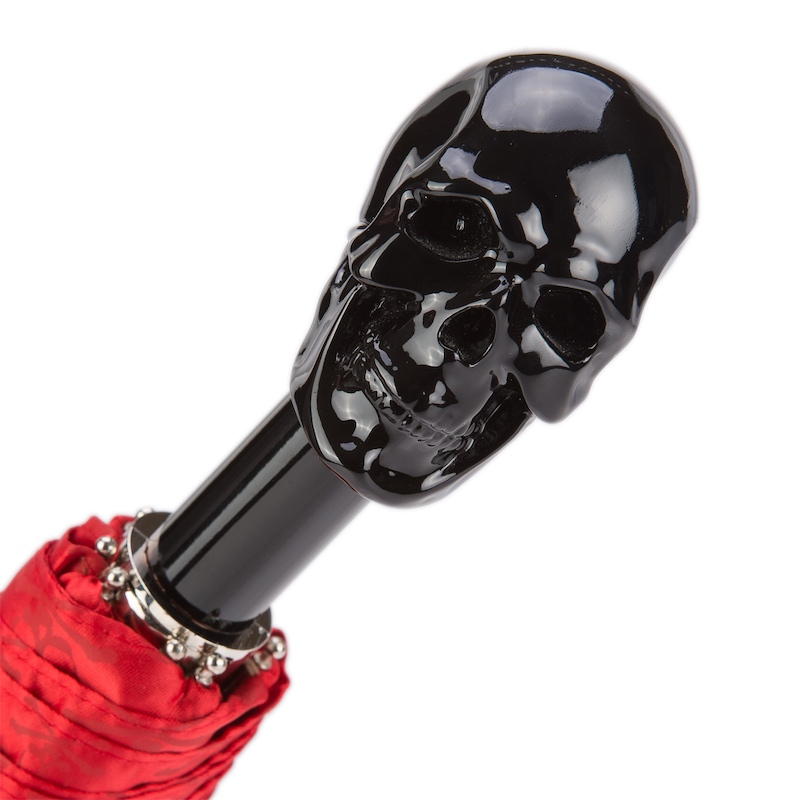 Red Folding Umbrella with Carbonised Skull Handle – Automatic Opening