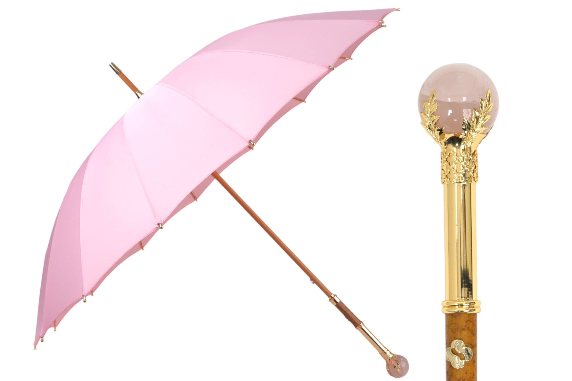Limited Edition 24K Gold Handle Genuine Quartz Accent Pink Umbrella