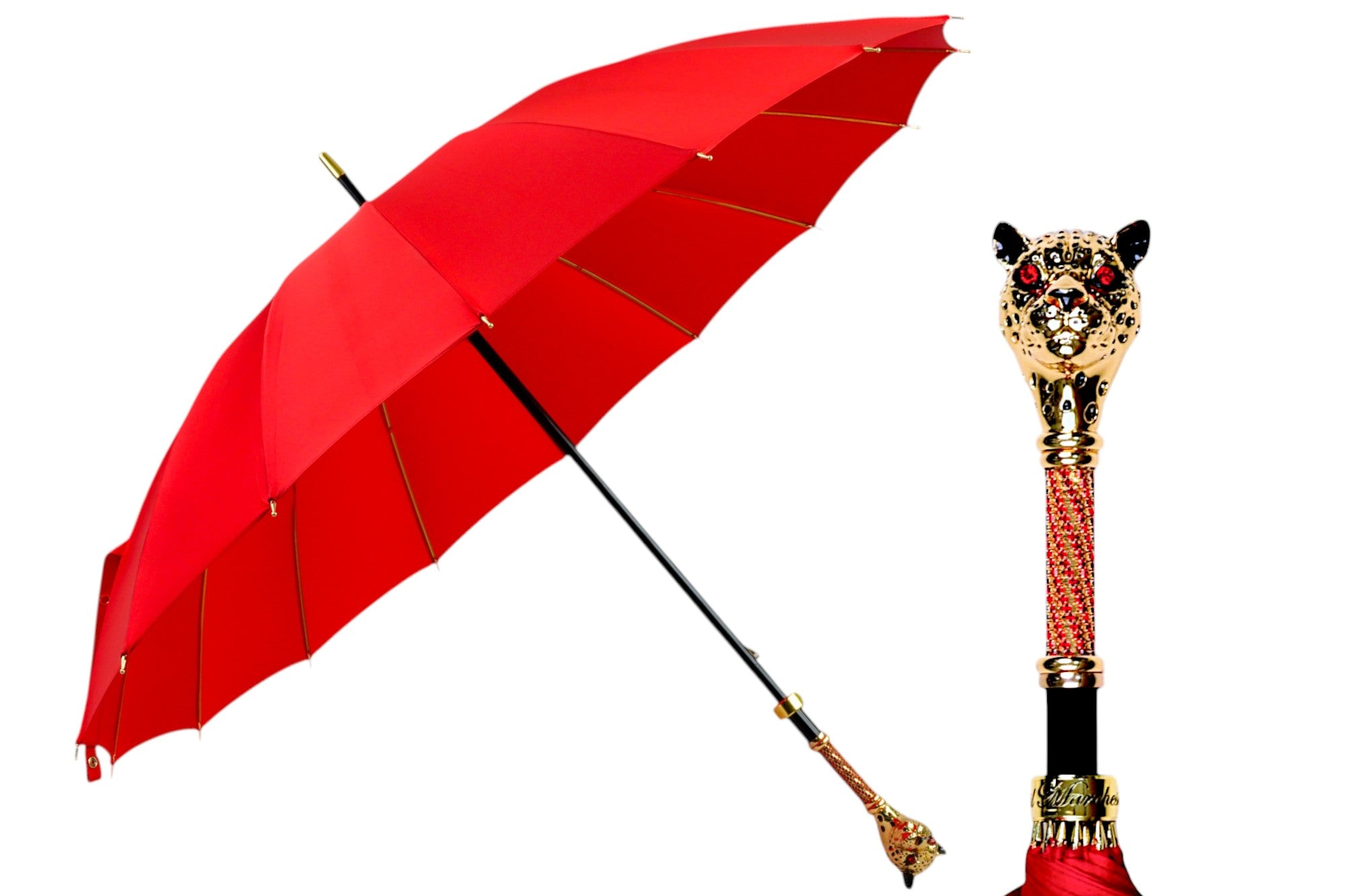 Limited Designer Red Umbrella with Jeweled Panther Handle