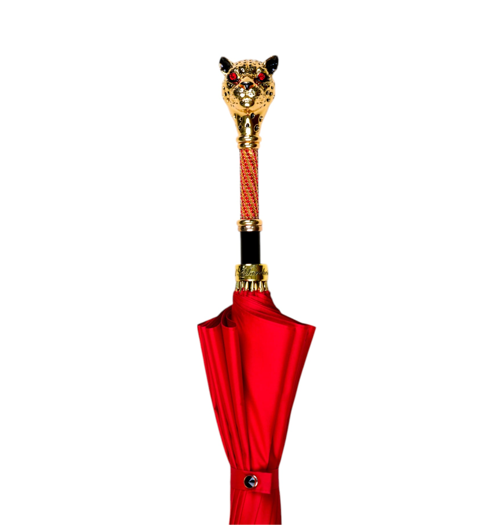 Red umbrella with a decorative handle on a white background