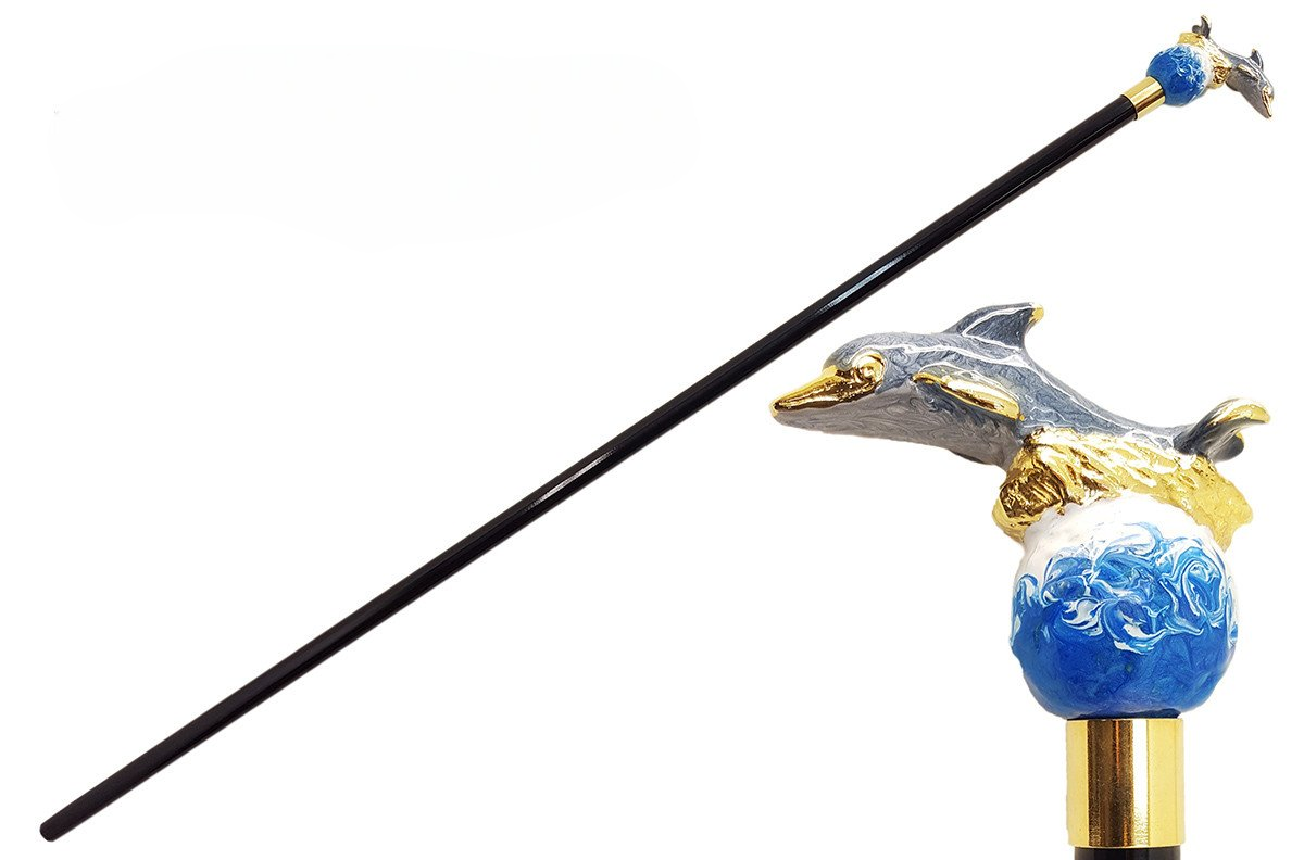 Enamelled Dolphin Walking Cane with 24K Gold-Plated Details