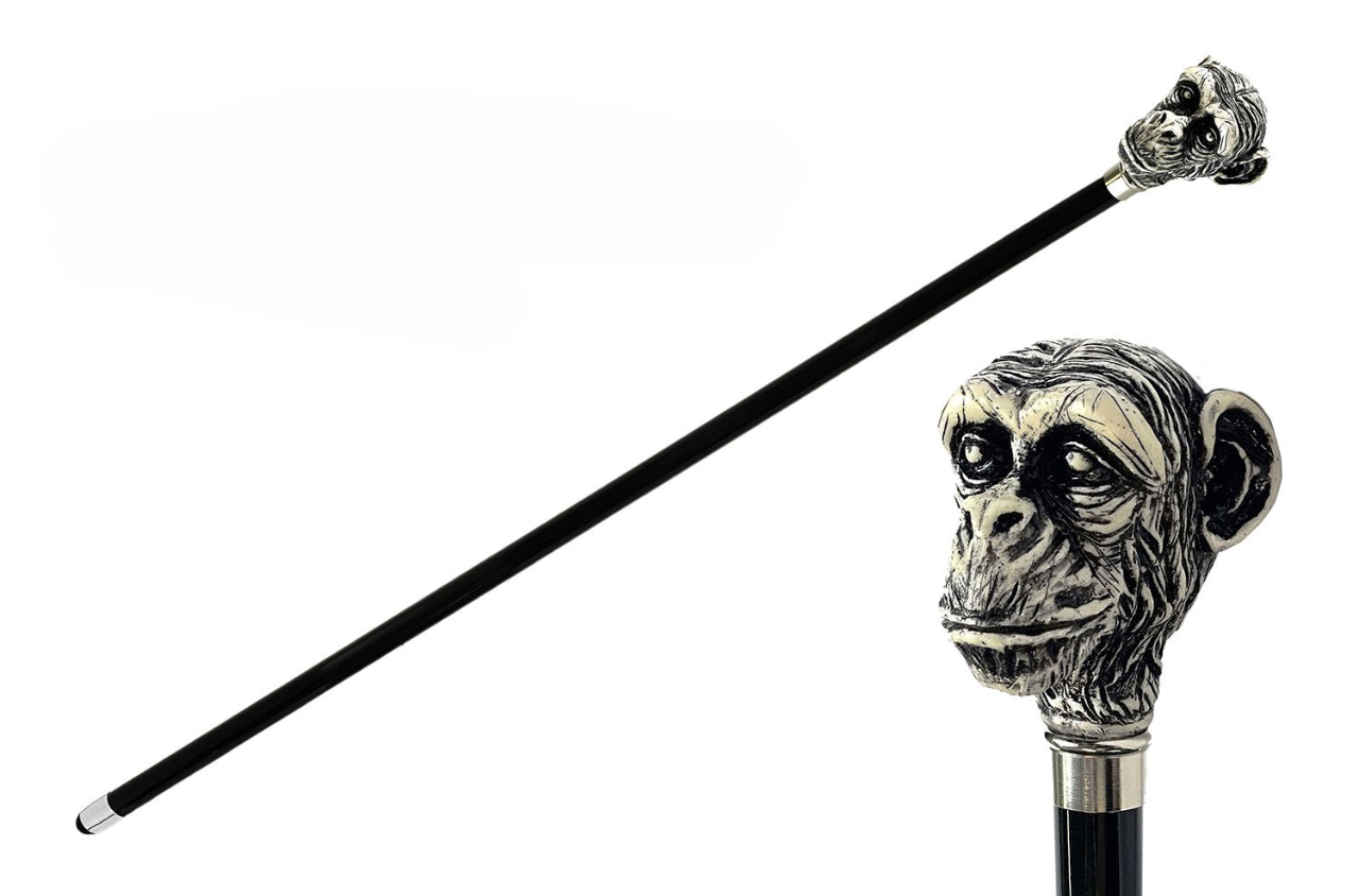 Unique Ivory-Lacquered Monkey Walking Stick – Silver-Plated Details