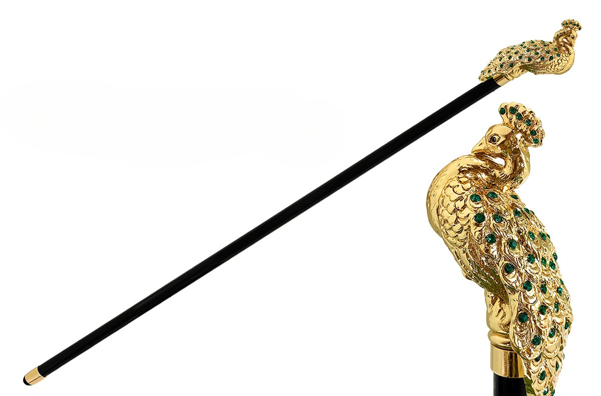 Luxury 24K Gold Peacock Walking Stick with Emerald Swarovski Elements