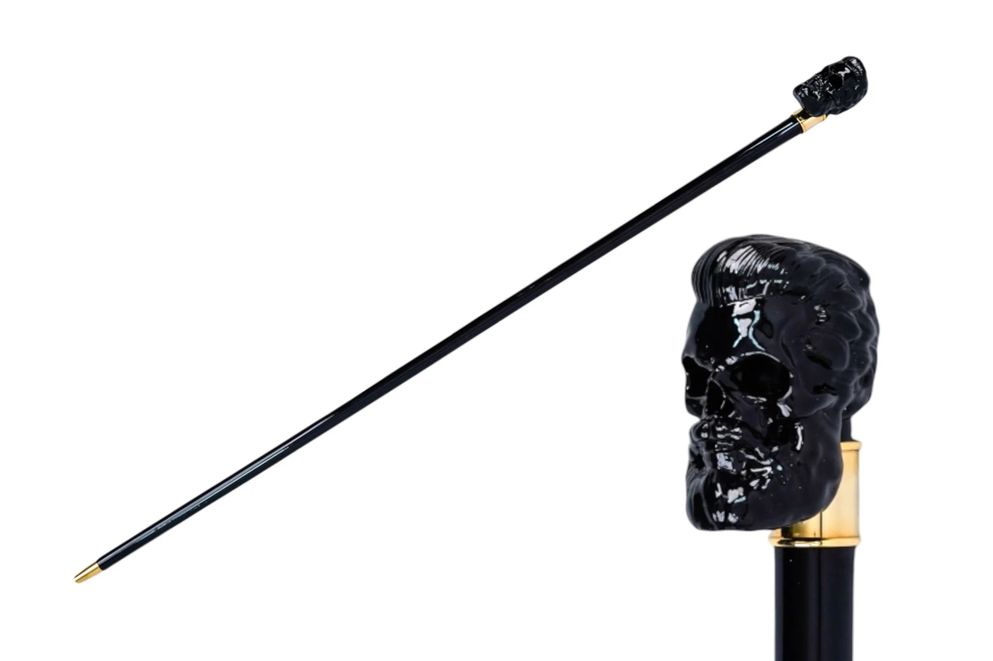 Luxury Black Skull Walking Cane – Gold-Plated Elegant Gothic Cane